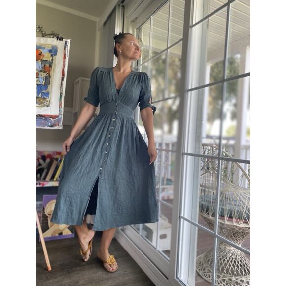 Free People Love Of My Life Midi Beautiful Dress Gray Blue Women’s Cotton S/M - Picture 3 of 11